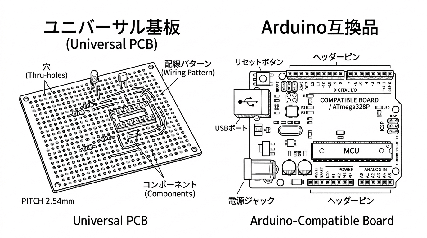 ユニバーサル基板とArduino互換ボードをラベル付きで並べた図解イラスト(実写真ではない)
