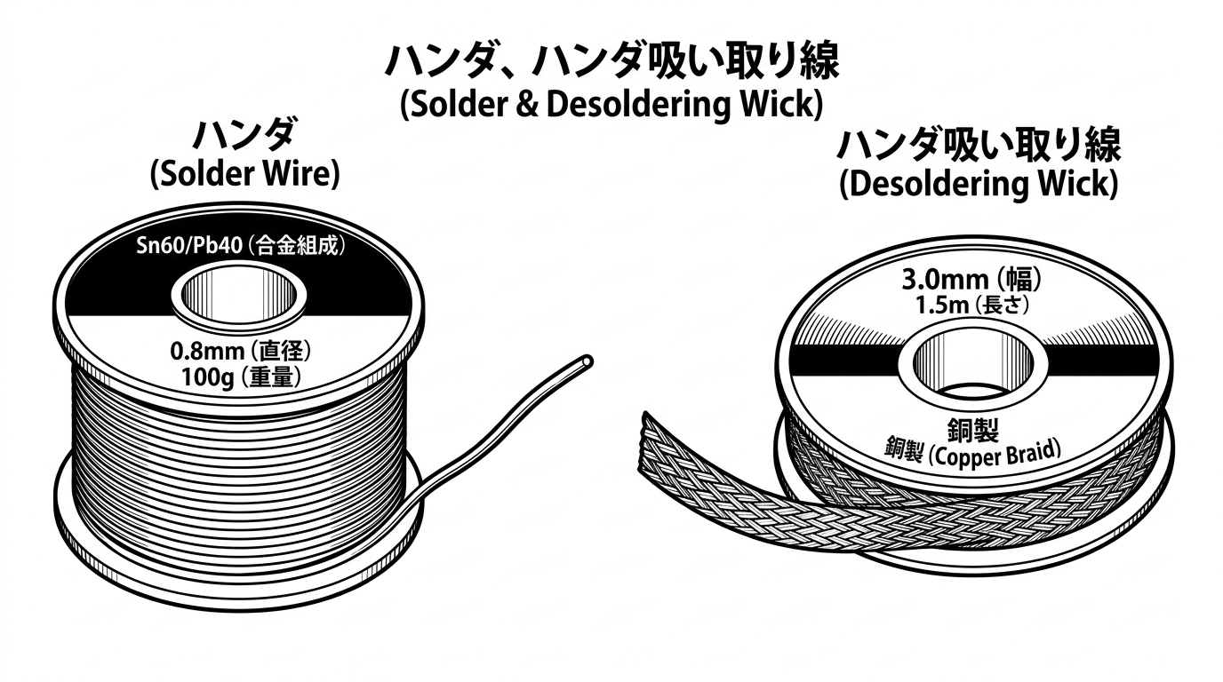 ハンダとハンダ吸い取り線をラベル付きで並べた図解イラスト(実写真ではない)