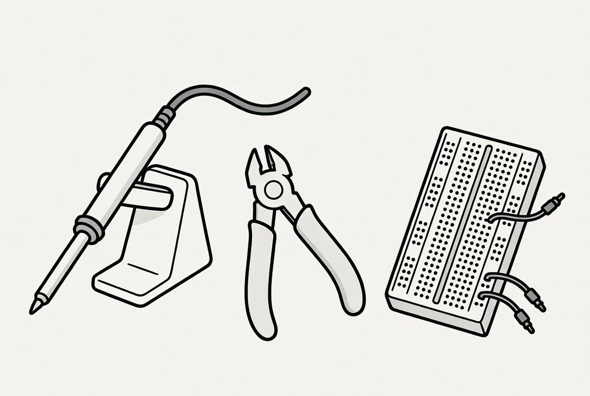 ハンダごてとこて台、ニッパー、ブレッドボードとジャンパー線を描いたイラスト