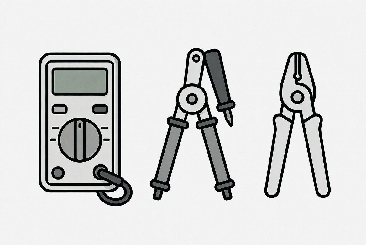 テスター、先の分かれた工具、ペンチ状の工具を描いたフラットデザインのイラスト(実写真ではない)