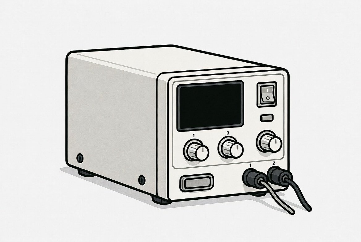 汎用的な直流安定化電源を描いたフラットデザインのイラスト(メーカーロゴなし、実写真ではない)
